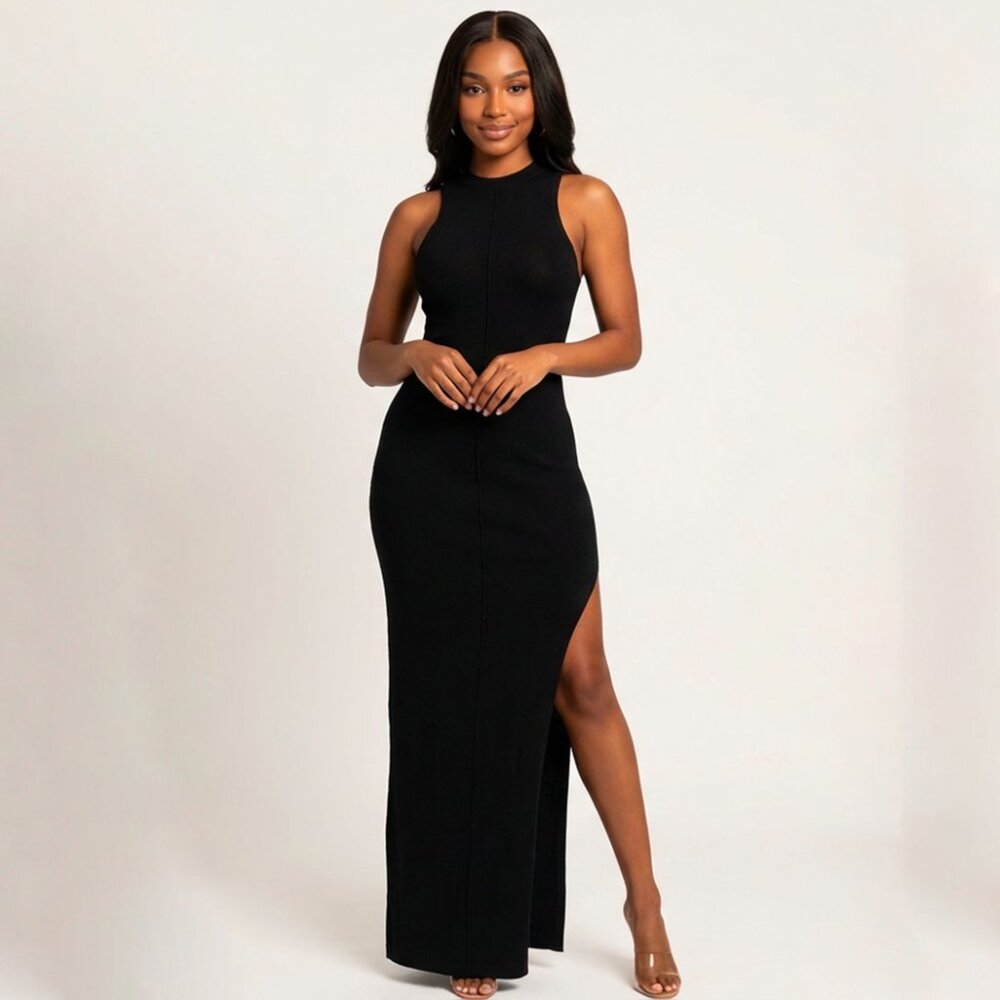 U Slit Maxi Dress - Black